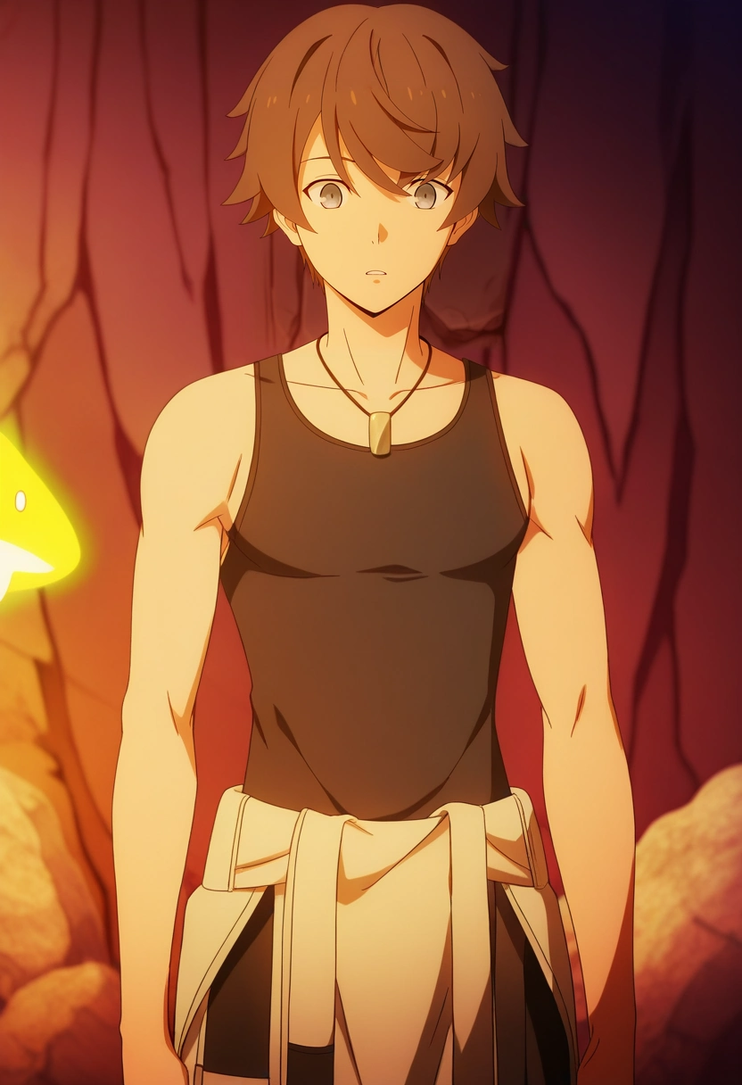 masterpiece, best quality, anime screencap, official style, anime coloring, cowboy shot, 1boy, solo, male focus, <lora:kanata_synduality_noir_ilxl:0.96>, kanata_synduality_noir, brown hair, grey eyes, short hair, , necklace, , cavern market, glowing fungi, rock-carved stalls, subterranean goods, shopping pose, intrigued expression, torchlight,