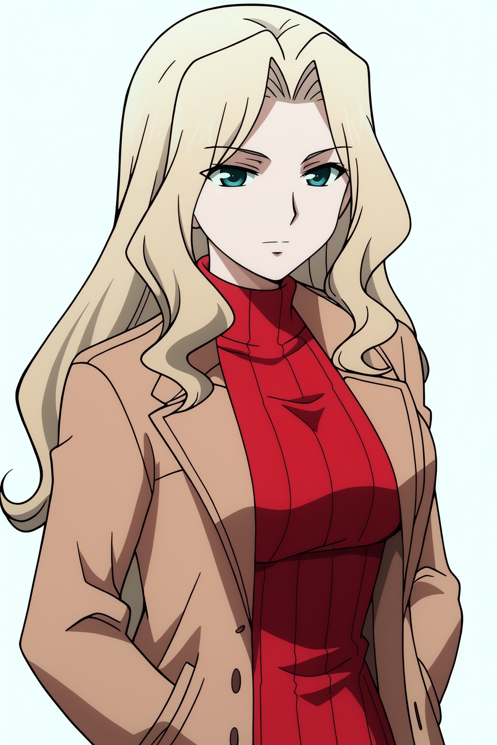 <lora:Freezing2:0.8> white background, Elizabeth, solo, coat, red sweater, turtleneck, trench coat, upper body
