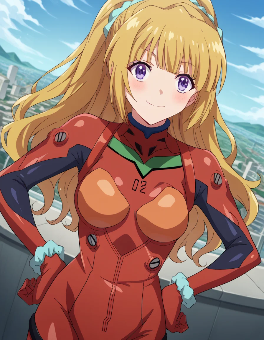 score_9, score_8_up, score_7_up, source_anime, keikaruizawa, <lora:kei-karuizawa-anime-s2-ponyxl-lora-nochekaiser:1>, kei karuizawa, long hair, bangs, blunt bangs, purple eyes, blonde hair, hair ornament, ponytail, scrunchie, blue scrunchie,, <lora:souryuu-asuka-langley-cosplay-ponyxl-lora-nochekaiser:1>, souryuuasukalangleycosplay, souryuu asuka langley \(cosplay\), bodysuit, pilot suit, plugsuit, red bodysuit, interface headset,, cityscape, smile, blush, hands on hips,, cowboy shot, dutch angle,