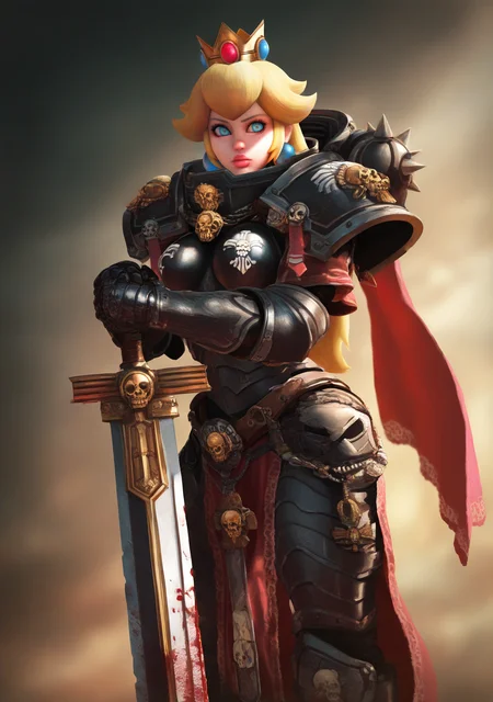 cowboy shot,Princess Peach,crown,
edgAdepta, 1girl, solo, weapon,one handed sword, lips, blood, gauntlets, skull ,wearing edgAdepta,power armor,pauldrons,skull emblem, <lora:edgIllustriousXLAdeptaSororitas-000004:0.85>
very aesthetic, masterpiece, best quality, very aesthetic, highres, absurdres, sensitive