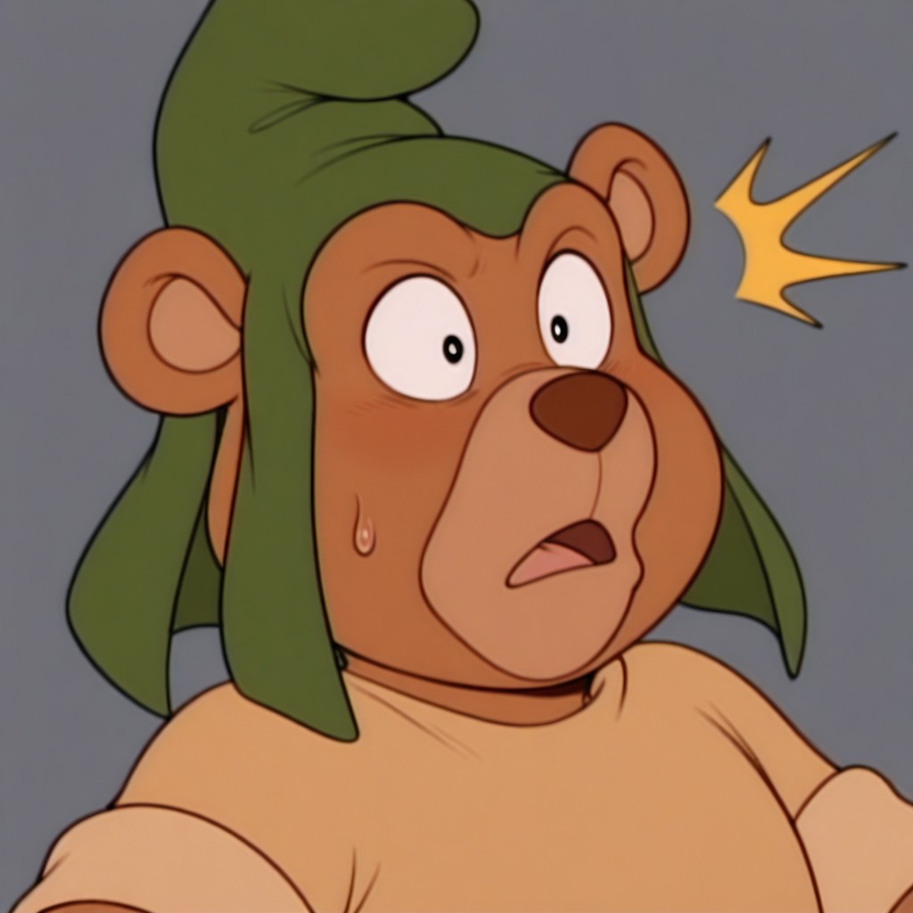masterpiece, best quality, amazing quality, gruffi, male, furry male, anthro, solo, bear, brown fur, black eyes, tan muzzle, brown nose, paw pads, short, green hat, brown shirt, brown belt, surprised, wide-eyed, close up, portrait, grey background