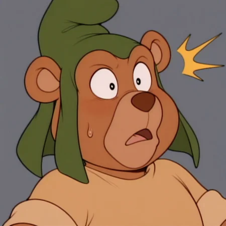 masterpiece, best quality, amazing quality, gruffi, male, furry male, anthro, solo, bear, brown fur, black eyes, tan muzzle, brown nose, paw pads, short, green hat, brown shirt, brown belt, surprised, wide-eyed, close up, portrait, grey background