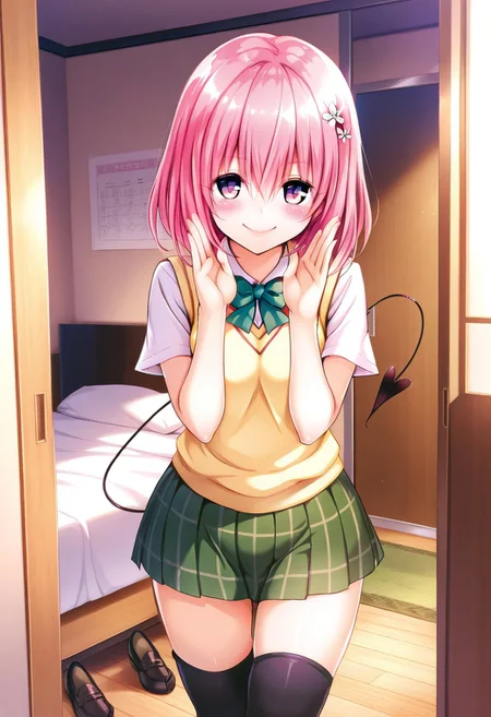 masterpiece, best quality, amazing quality, high detail, detailed eyes, 1girl ((momo, blush, smile, pink hair, purple eyes, white flower hair ornament, m_clothes, short sleeve blouse ,school uniform, sweater vest, green plaid skirt, demon tail, black_thighhighs, loafers, bedroom, detailed background, solo, sexy pose, looking at viewer