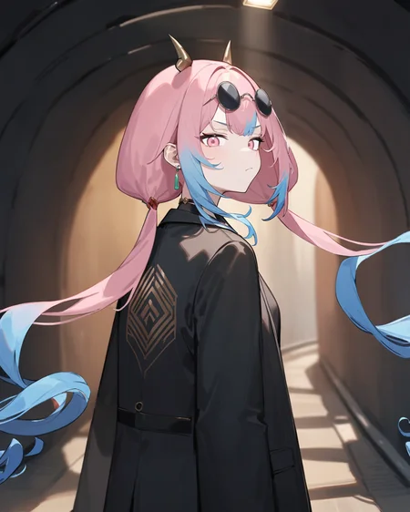 masterpiece,best quality,tunnel,suit,(black suit:1.2),looking_back,looking at viewer,serious,cool,
<lora:jinlang_xl:0.9>,jinglang,1girl,solo,eyewear,sunglasses,horns,pink hair,pink eyes,multicolored hair,blue hair,twintails,long hair,jewelry,gradient hair,round eyewear,earrings,