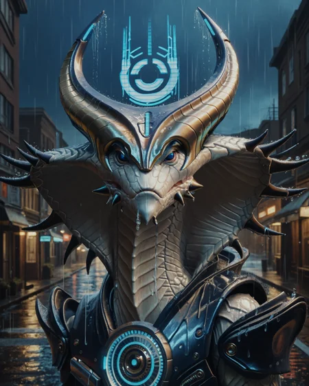score_9, score_8_up, score_7_up, rating_questionable, intricately detailed,
<lora:Viper_King_XCOM_2:0.8>,
1boy(v1per_king, sp1key_armor, cr0wn_hologram, upper body, reptilian, white scales, black spikes, solo, looking at the viewer),
rain, wet street, wet, science fiction city, futuristic buildings, high rises, on a road, at night, darkness, rainfall, dark theme,
depth of field, detailed background,
<lora:ral-chrosc-clr:0.5>, ral-chrosc-clr,
<lora:Expressive_H:0.5>, expessiveH,
<lora:xl_more_art-full_v1:0.3>,
<lora:add-detail-xl:0.3>