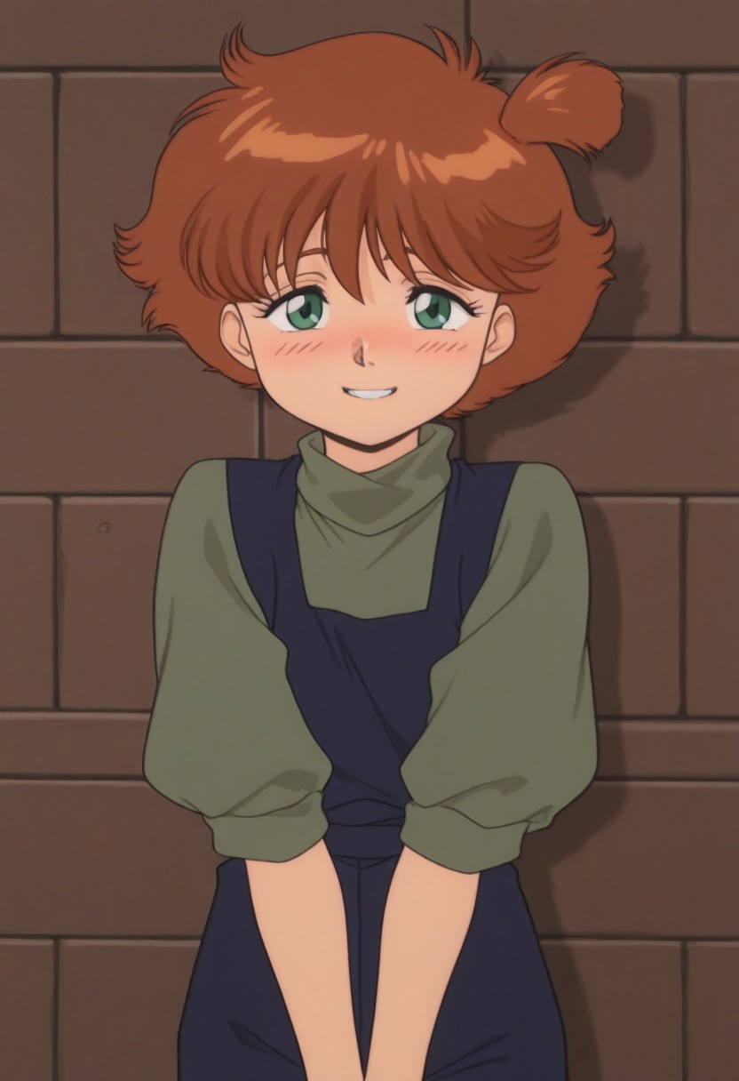 score_9, score_8_up, score_7_up, source_anime,masterpiece, best quality, 1990s_\(style\),official art,a cute child, Suzy Relane,green_eyes,brown_hair,short_hair,side_ponytail, solo, looking at viewer,(solo_focus,looking at viewer,detailed face and eyes,blush,shy grin), (cowboy shot,character focus,close to viewer,face to face:1.2)BackAlley,
