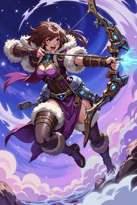 a fantasy warrior in mid-action, set against a cosmic background. The character is depicted with a determined expression, eyes focused forward, and mouth slightly open, suggesting she is shouting or calling out. She is dressed in a detailed, fur-lined outfit with intricate patterns and textures. Her attire includes a fur-trimmed hood, a corset-like top, and thigh-high boots with fur accents. The colors of her outfit are primarily shades of purple and brown, complemented by metallic blue and white elements, such as the armor pieces and the intricate designs on her clothing.She wields a large, ornate bow, with the string drawn taut, indicating she is about to release an arrow. The bow has a futuristic design with metallic components and a glowing blue energy core. Her hair is long and brown, tied back with a few strands flying behind her, adding a sense of motion.The background features a vibrant, cosmic scene with swirling clouds of deep blue and purple, dotted with white stars, giving the impression of outer space. The texture of the drawing is smooth with bold lines and vibrant colors, characteristic of a digital medium. <lora:XRSTYLE_FLUX:0.5><lora:RetroAnimeFluxV1:0.4><lora:MoriiMee_Gothic_Niji_Style_FLUX:0.3>