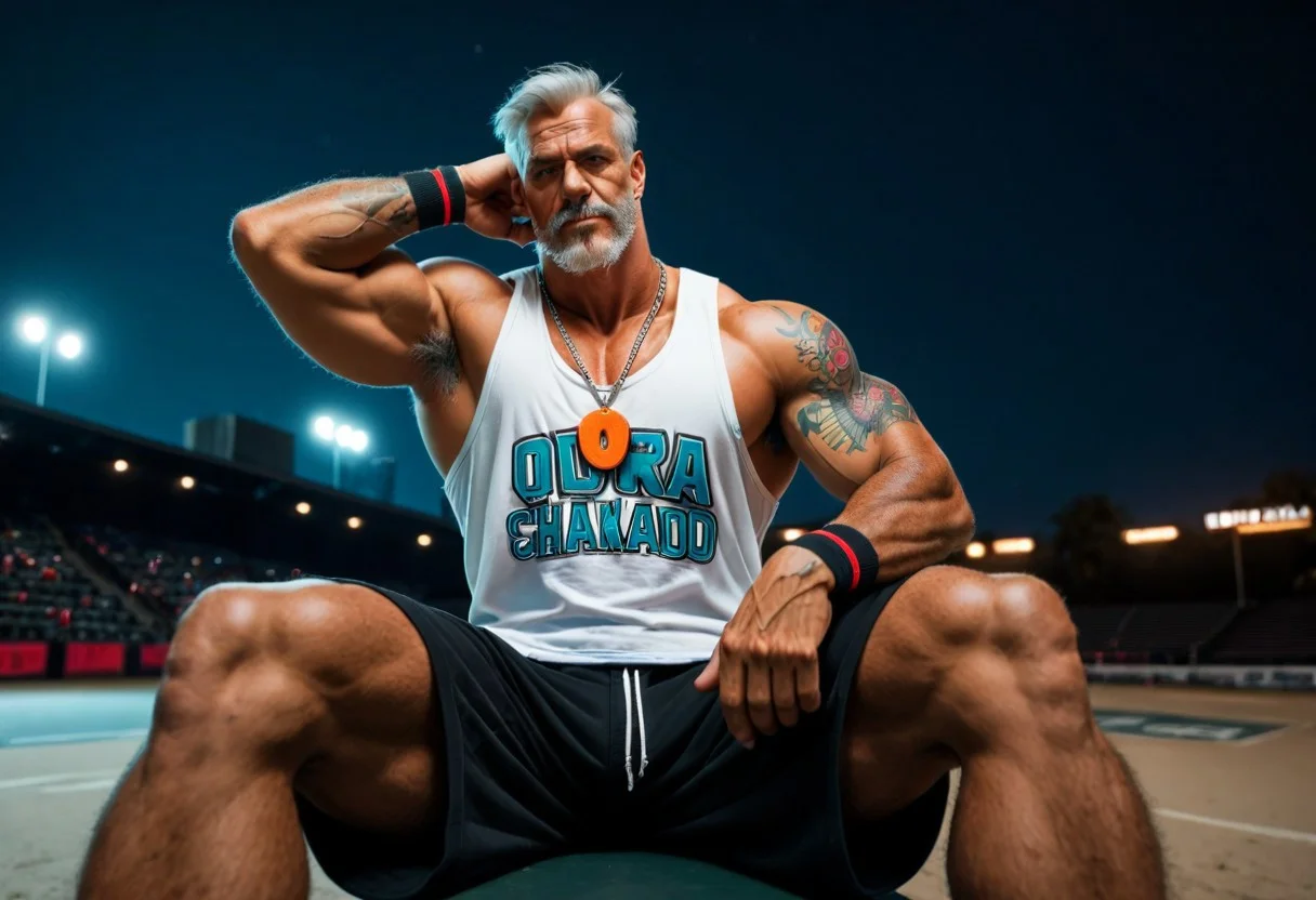 score_9, score_8_up, score_7_up, score_6_up, dark background, nighttime, night, dark lowlight photography, realistic, old male, pov from side, old granddad, thin, tall, tanned skin, colorful tattoos, heavy metal rock tattoos, strong tan, wearing blue long cargoshorts, 3/4 cargoshorts, skater, sweatbands, loose white muscleshirt, v-neck sleeveless tshirt, hairy armpits, old granddad, wrinkles, silver chainnecklace, orange crystal pendant,
at the beach, near ocea, sand, skatepark,
sitting on a skateramp, sitting at edge, relaxed pose, one hand on knee, looking directly at viewer, closeup portrait,