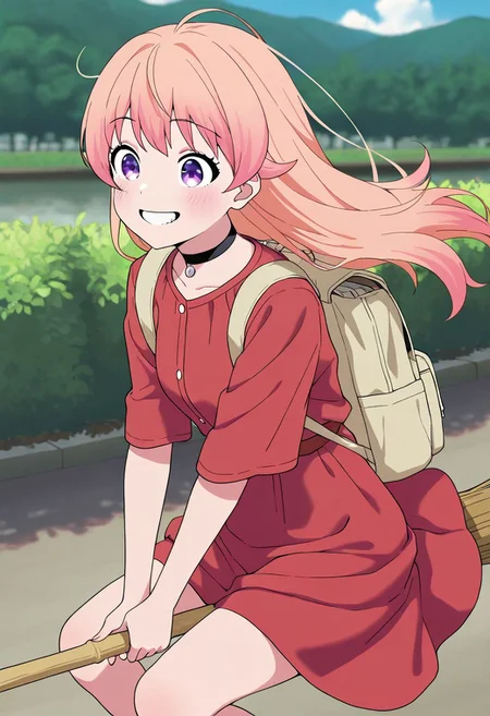 masterpiece,best quality,amazing quality, wakatsuki nico, long hair, light pink hair, purple eyes, 1girl, dress, solo, bag, red dress, broom, backpack, outdoors, choker, smile, broom riding