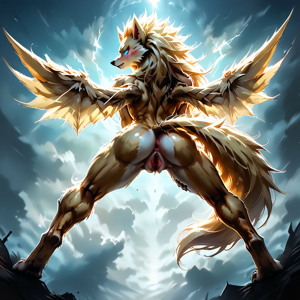 SCORE_9, SCORE_8_UP, SOURCE_FURRY, Expressiveh,  SSWW, BLUE EYES, GLOWING EYES, GOLDEN ELECTRICITY, SUPER SAIYAN, FEMALE-WEREWOLF, ANTHRO FURRY, SHARP FANGS, LONG HAIR, FLYING, WINGS, HUGE TITS, BLUSHING, BENDING OVER, LOOKING BACK, ASS FOCUS, SPREADING PUSSY, BREAK, HIGH RES, ANTIALIASING, VIVID TEXTURE, DETAILED BLACK PUPILS, IN THE CLOUDS, BLUESKY, DAYLIGHT, DISTANT SUNLIGHT