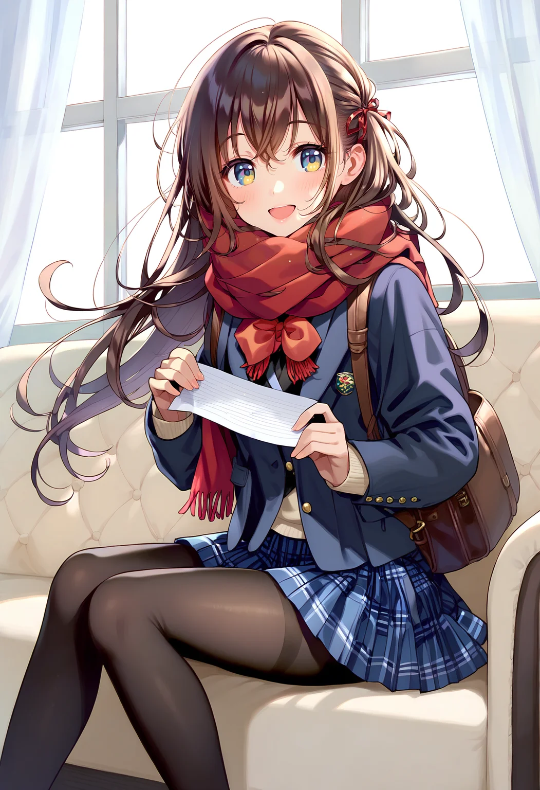 score_9, score_8_up, score_7_up, <lora:PDFA_Style8356194477-000450:1>, 1girl, blush, smile, looking at viewer, winter, school uniform, winter uniform, black pantyhose, scarf, backpack, bag, black shirt, blue eyes, blue skirt, brown hair, chair, couch, curtains, day, hair between eyes, hair ribbon, holding, holding paper, indoors, knees up, long hair, miniskirt, on couch, open mouth, pantyhose, pleated skirt, red ribbon, ribbon, scrunchie, shirt, sitting, skirt, solo, table, very long hair, window, yellow eyes,