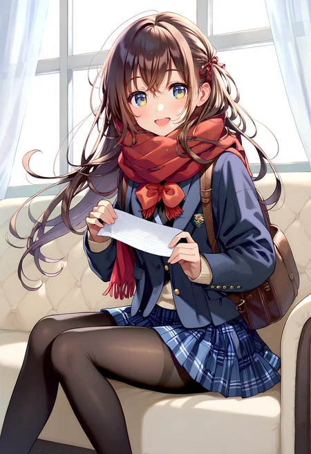 score_9, score_8_up, score_7_up, <lora:PDFA_Style8356194477-000450:1>, 1girl, blush, smile, looking at viewer, winter, school uniform, winter uniform, black pantyhose, scarf, backpack, bag, black shirt, blue eyes, blue skirt, brown hair, chair, couch, curtains, day, hair between eyes, hair ribbon, holding, holding paper, indoors, knees up, long hair, miniskirt, on couch, open mouth, pantyhose, pleated skirt, red ribbon, ribbon, scrunchie, shirt, sitting, skirt, solo, table, very long hair, window, yellow eyes,
