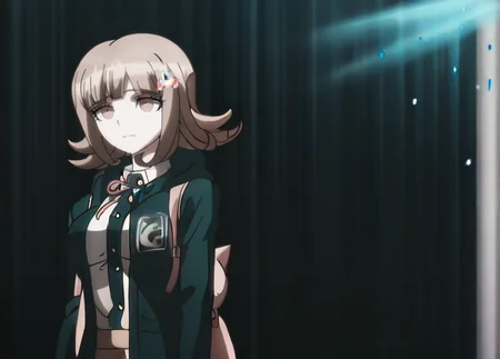 (((solo))), ))She has an expression conveying suden realization . (((closed mouth))), masterpiece, best quality, <lora:Chiaki_Nanami_Illustrious:1>, In the art style of Rui Komatsuzaki, artist: Rui Komatsuzaki, This is an anime screencap from Danganronpa 3. Chiaki Nanami is wearing her uniform from Danganronpa 2. Chiaki's hair slightly curls outwards, though the locks on either side of her face curl inwards. Chiaki Nanami's hair is a dusty light pink that is almost light brown. She has short straight bangs split towards the right, a white Galaga hairclip pinned to a lock of her hair. She has blossom pink eyes. She wears a white button-up shirt with a dark teal-gray front placket. She wears a light pink ribbon tied around her neck in a bow, with a pale beige pleated skirt. This also includes a one-button dark teal-gray hooded cardigan with gray horizontal lines running across the hem and sleeves, the Hope's Peak crest on the chest pocket. Chiaki Nanami's hood has pointed ears on the top and two pink eye-like markings on the front, resembling a cat. She also sports black thigh-high socks and light pink Mary-Jane style shoes with white soles. Chiaki has a pale pink backpack with a white pocket, a plush cat head sewn at the top with a white ribbon tied in a bow at it's base. Chiaki Nanami is facing off against a deck of living cards that are raining down from the sky. She is holding a NES zapper gun, shooting lasers at the cards, turning them into confetti. The cards have various expressions, ranging from anger to surprise. Behind Chiaki, a grand castle looms, with a queen in a long, red dress shouting orders from a balcony.