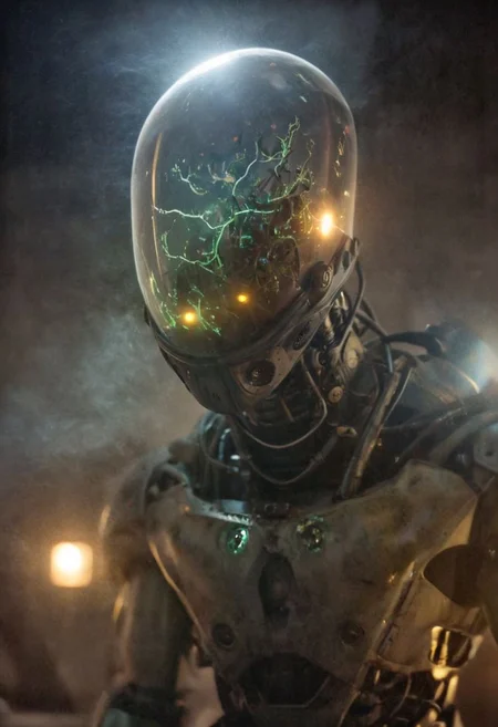 In a dystopian junkyard bathed in neon colors, a creepy robot sentinel stands guard. The robot, with a fishbowl-like head filled with flickering lights and swirling smoke, is covered in a patchwork of decaying metal and colorful graffiti. The extreme close-up reveals intricate wiring and glowing circuits beneath its cracked surface. The surrounding landscape is littered with the remnants of old machines and vibrant, bioluminescent plants, adding to the eerie, yet mesmerizing ambiance,
 insane details, 8k, high definition, dslr, 
 volumetric lighting, atmospheric haze, Film grain, cinematic film still, shallow depth of field, highly detailed, high budget, cinemascope, moody, epic, OverallDetail, gorgeous, 2000s vintage RAW photo, photorealistic, candid camera, color graded cinematic, atmospheric lighting, skin pores, imperfections, natural, shallow dof,