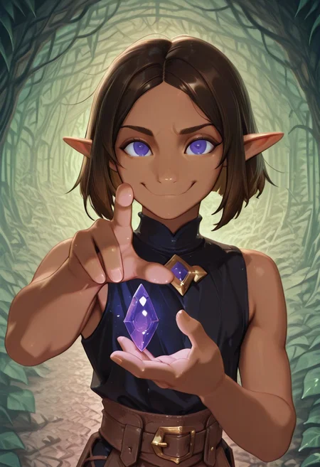 1 Lapanya, solo, Repeta, violet eyes, black sleeveless top,
Grinning, lowered eyebrows, curious expression,
Holding purple gemstone in one hand, 4-sided gemstone, small gemstone,
organic cavern background,
Medieval style, Smooth colors, detailed eyes, clean lines, high quality, best quality, masterpiece, rating: safe, source: anime,