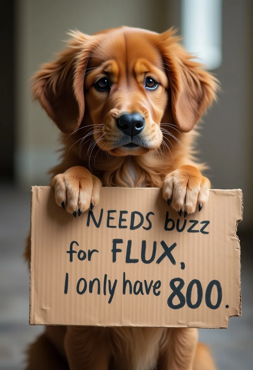 a sad dog holding a cardboard with his paws that reads "Needs buzz for FLUX, I only have 800".
