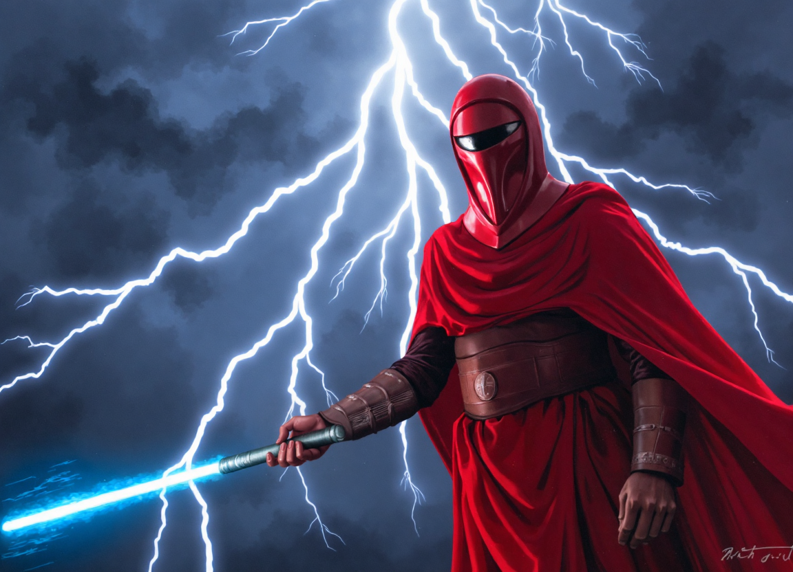 {"T5": ",A highly detailed photograph of a Royal Imperial Guard standing in a powerful stance, wearing a vibrant red garb and helmet, wielding a lightning-infused staff that glows with electric energy. The guard's face is determined, with a focused expression, summoning a storm. The background is filled with dark, ominous clouds, and lightning illuminates the scene. The guard's clothing and armor are intricately textured, with subtle reflections from the lightning. The scene is viewed from a low angle, emphasizing the guard's dominance, with dramatic, cinematic lighting highlighting the stormy atmosphere.,", "CLIP-L": ",Royal Imperial Guard, red garb, lightning staff, storm, dark clouds, highly detailed, cinematic lighting, dramatic pose, intense expression, stormy atmosphere,"}
<lora:Imperial_Royal_Guard_Star_Wars:1.0>