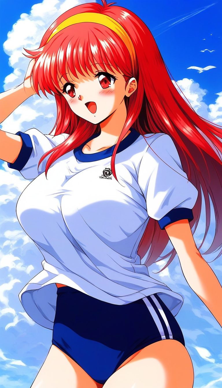 score_9, score_8_up, score_7_up, source_anime, rating_explicit, BREAK  <lora:Fujisaki_Shiori_XL:1> FujisakiShiori, long hair, Yellow hairband, red hair, red eyes, large breasts,
dark blue buruma, blush, white gym uniform, open mouth, cowboy Shot,
day, sky, blue sky,