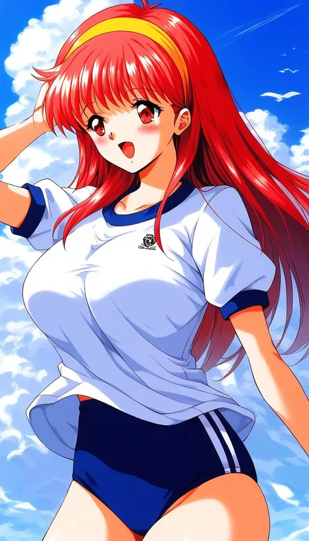 score_9, score_8_up, score_7_up, source_anime, rating_explicit, BREAK <lora:Fujisaki_Shiori_XL:1> FujisakiShiori, long hair, Yellow hairband, red hair, red eyes, large breasts,
dark blue buruma, blush, white gym uniform, open mouth, cowboy Shot,
day, sky, blue sky,