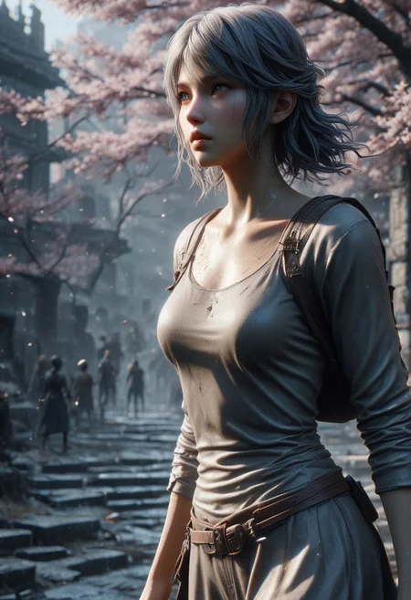 Graphics Unreal Engine 5, 3D Modeling, UV Mapping, Texture, Rendering, Graphics quality ray tracing, Particle System, 3D Manufacturing Formats, Cartesian Coordinate, Acrylonitrile Butadiene Styrene, ghostblade WLOP art style, Final Fantasy XVI collaboration 5 Centimeters per Second , fullbody a Character woman,scene 5 Centimeters per Second, platinum, ultra hdr, ghostly beauty, windy, raw photo, lighting, intricately detailed, digital art, ride the beast, high detail, 4k resolution, a dramatic view , dynamic motion blurlens flares, more dramatic lighting, deeper and more contrasted shadows, a colder color grading, more Cherry blossom petals