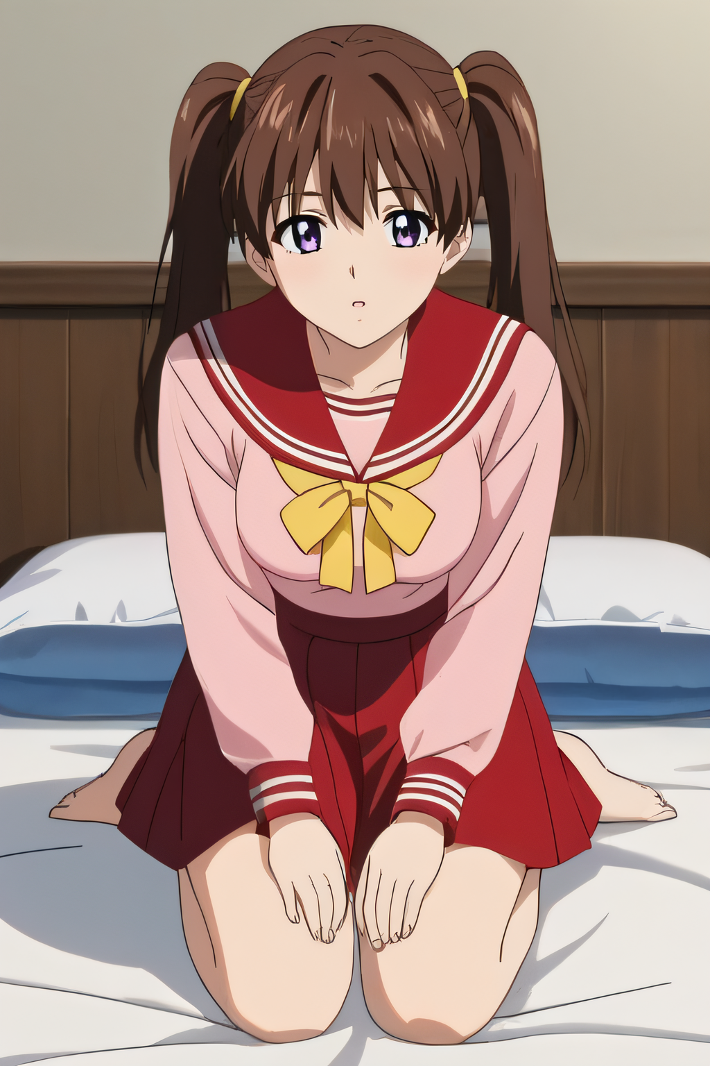 score_9, score_8_up, score_7_up, source_anime, rating_safe, intricate details, anime screencap, official style, 1girl, solo, <lora:Serizawa_Miki:1>, serizawamiki, purple eyes, brown hair, twintails, long hair, pink shirt, medium breasts, school uniform, long sleeves, red sailor collar, yellow ribbon, red skirt, barefeet, looking at viewer, full body, indoor, in bed, kneeling, hands on knees, parted lips