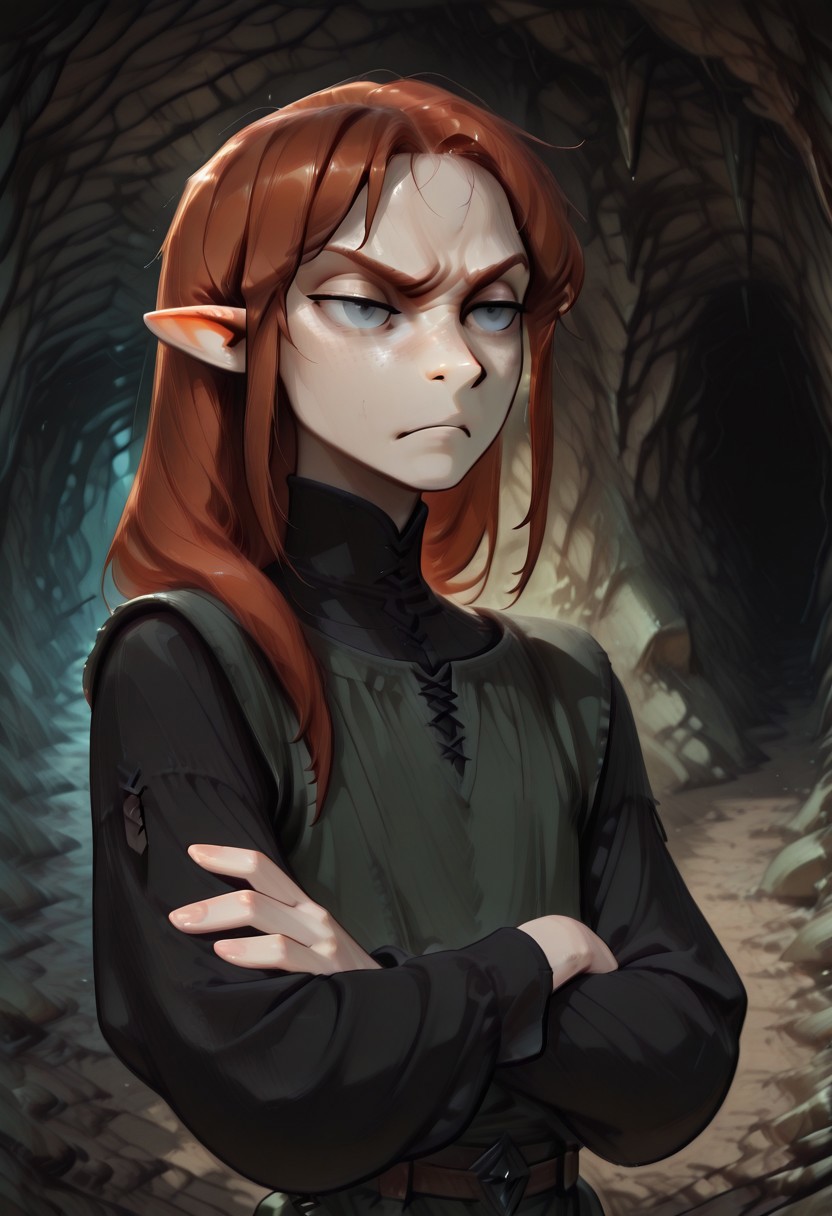 1person, Lapanya, Malgha, Long-sleeve black shirt, green tunic,
frowning, glaring, crossed arms, 
Close up,
Underground, organic cavern,
Anime style,