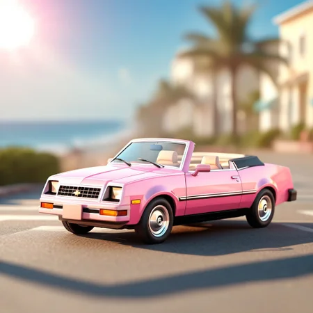 cute image of a pink convertible chevette, coastal street, sun, intense depth of field,summer, happy, high-octane, high-definition, 3d,cg