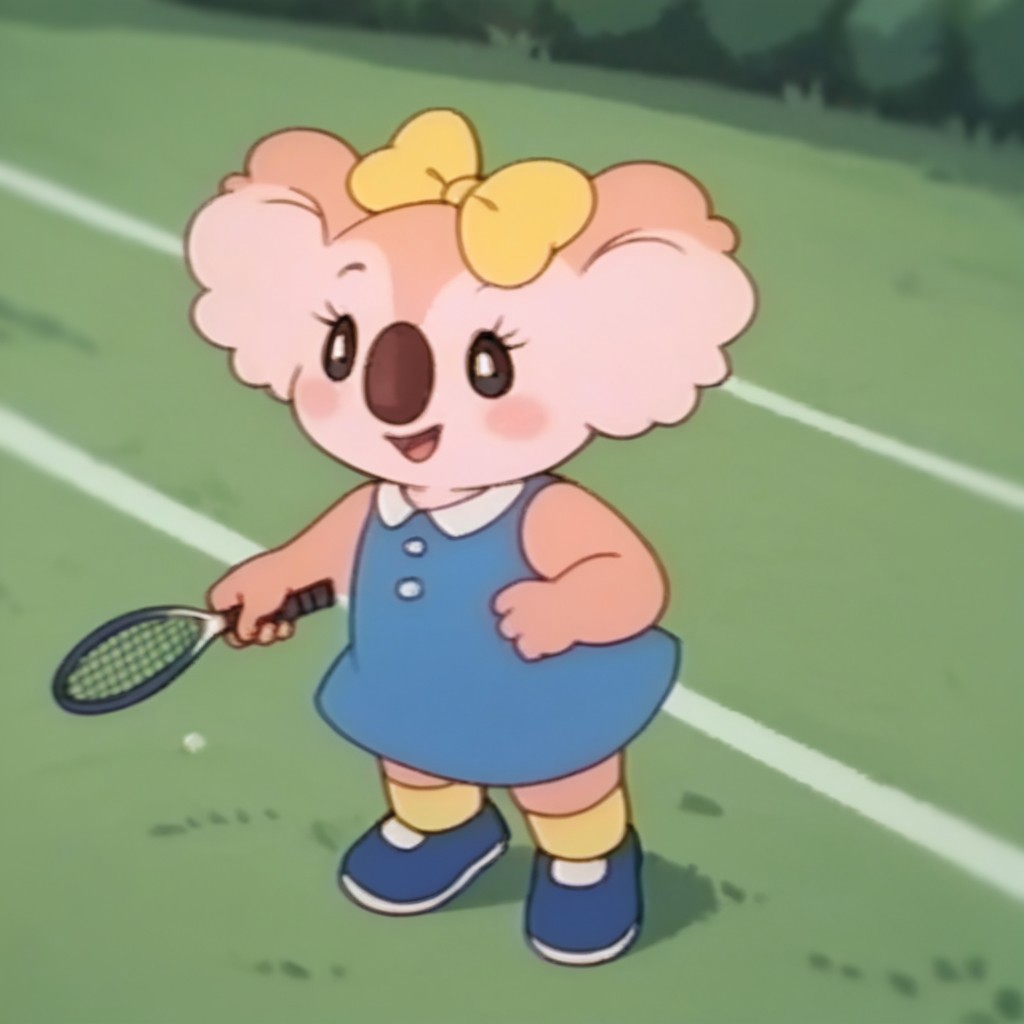 score_9, score_8_up, score_7_up, score_6_up, score_5_up, score_4_up, source_furry, Laurakoala, semi-anthro, female, koala, peach fur, blue dress, yellow bow, yellow socks, blue shoes, tennis