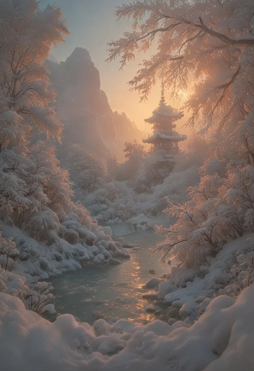 psychodelic scenic japan night landscape, novuschroma73 style, sakura garden, (((winter))), snow, frost, frozen, ice, mountains, lake, perfect composition, sunlight, golden hour, haze, low angle, masterpiece, award winning,, ultra detailed, highly detailed, 8k, uhd, Style-Japan, vivid colours, luminous