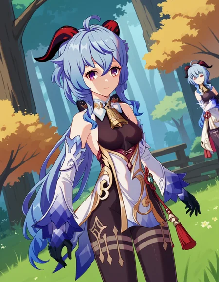 score_9, score_8_up, score_7_up, source_anime,
ganyu, <lora:genshin-ganyu-ingame-ponyxl-lora-nochekaiser:1>,
ganyu, blue hair, goat horns, horns, long hair, purple eyes, sidelocks, smile,
gloves, bare shoulders, detached sleeves, black gloves, bell, bodysuit, neck bell, black bodysuit, vision \(genshin impact\), bodystocking, cowbell, chinese knot,
outdoors, forest, nature,
looking at viewer, cowboy shot, dutch angle,