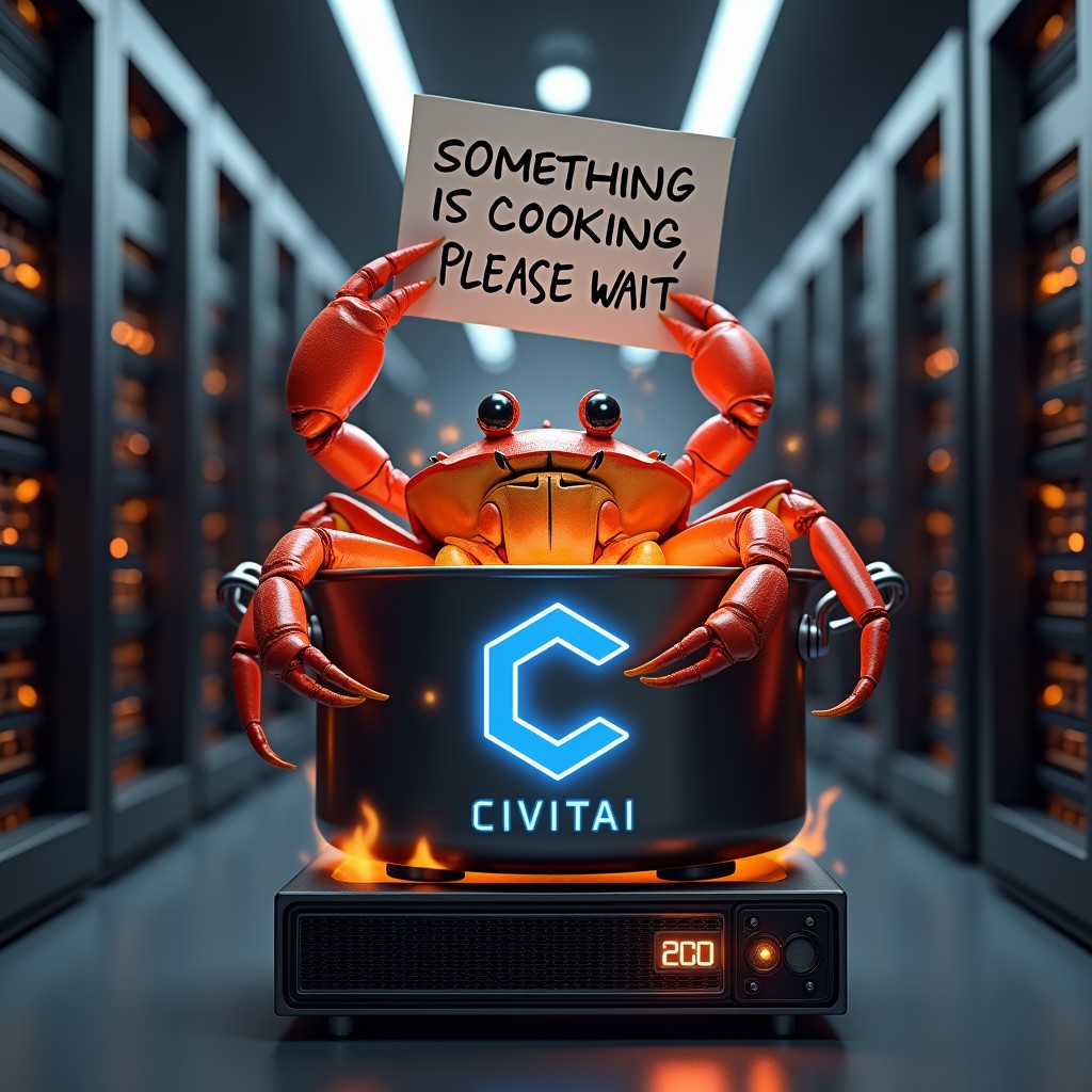 3d render, unreal engine. Large metal pot with text "CIVITAI" is standing on NVidia GPU RTX 4090 in server room. GPU is on fire. There is a big crab in the pot. Crab is holding a sign in claws above it. On the sign it is written in cursive "SOMETHING IS COOKING, PLEASE WAIT". On the metal pot there is a blue hexagon logo with white bloky letter 'C'