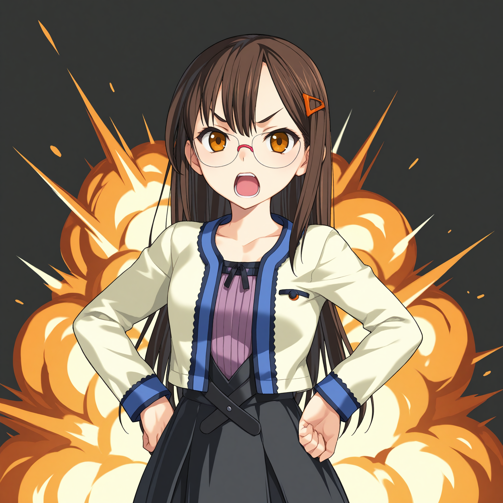 <lora:Magic_the_Gandhi_1_nai-000071:1>,Magic the Gandhi,glasses,hairclip,
official outfit,black skirt,
1girl,solo,looking at viewer,simple background,angry,hands on own hips,open mouth,front view,straight-on,explosion,