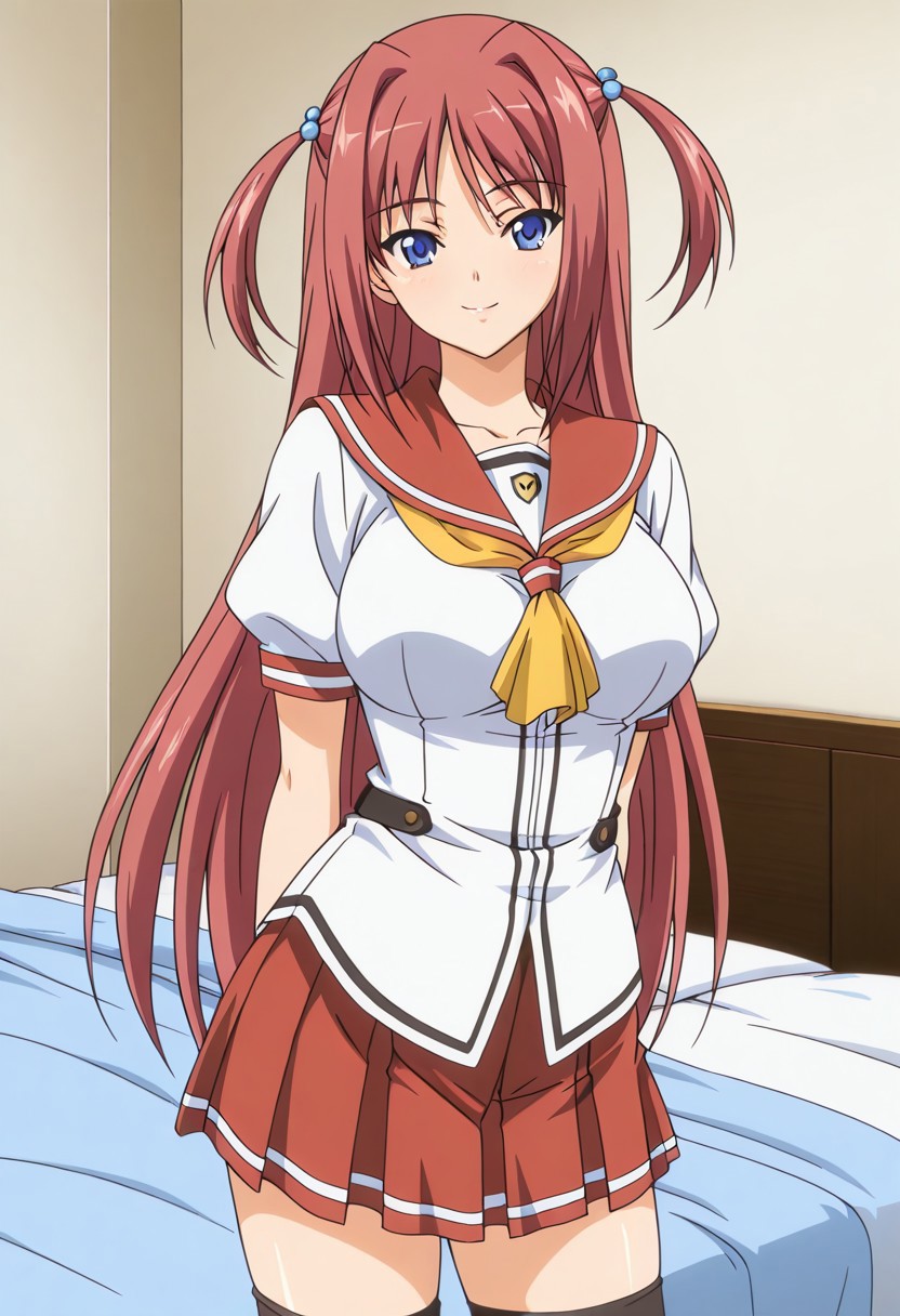 miharu shinonome fukubiki triangle anime style, long hair, red hair, hair intakes, two side up, hair bobbles, blue eyes, large breasts, BREAK, miharu's school outfit, white shirt, red sailor collar, yellow neckerchief, short sleeves, red skirt, pleated skirt, black thighhighs, BREAK, 1girl, solo, bedroom, happy, looking at viewer,