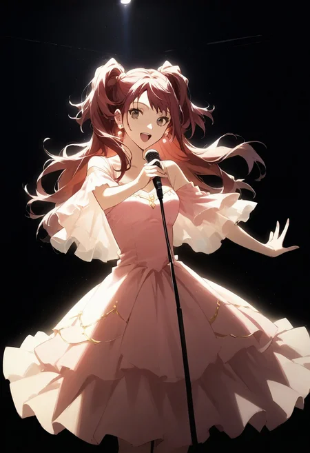 score_9, score_8_up, score_7_up, (source_anime), 1 girl, solo, nsfw, cute face, (((dark environment))),(((night))),(((absolute dark and bad))),single stage spotlight, stage lighting,
p4rise, kujikawa rise, twintails, long hair, red hair, brown eyes, earrings, concert, pop idol dress, pink dress, sexy, attractive, singing, (microphone), dancing,
masterpiece, best quality, ultra detailed, absurdres, very aesthetic