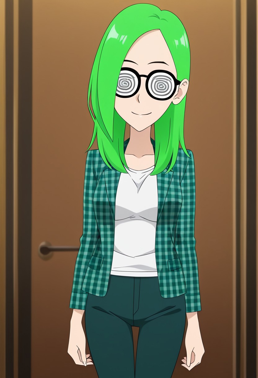 best quality, masterpiece, anime screencap, anime coloring, ultra detailed, source_anime, intricate details, perfect anatomy, looking at viewer, tbmidoriko, green hair, long hair, hair behind ear, coke-bottle glasses, breasts, smile,
shirt, plaid jacket, plaid, pants, jacket, white shirt,