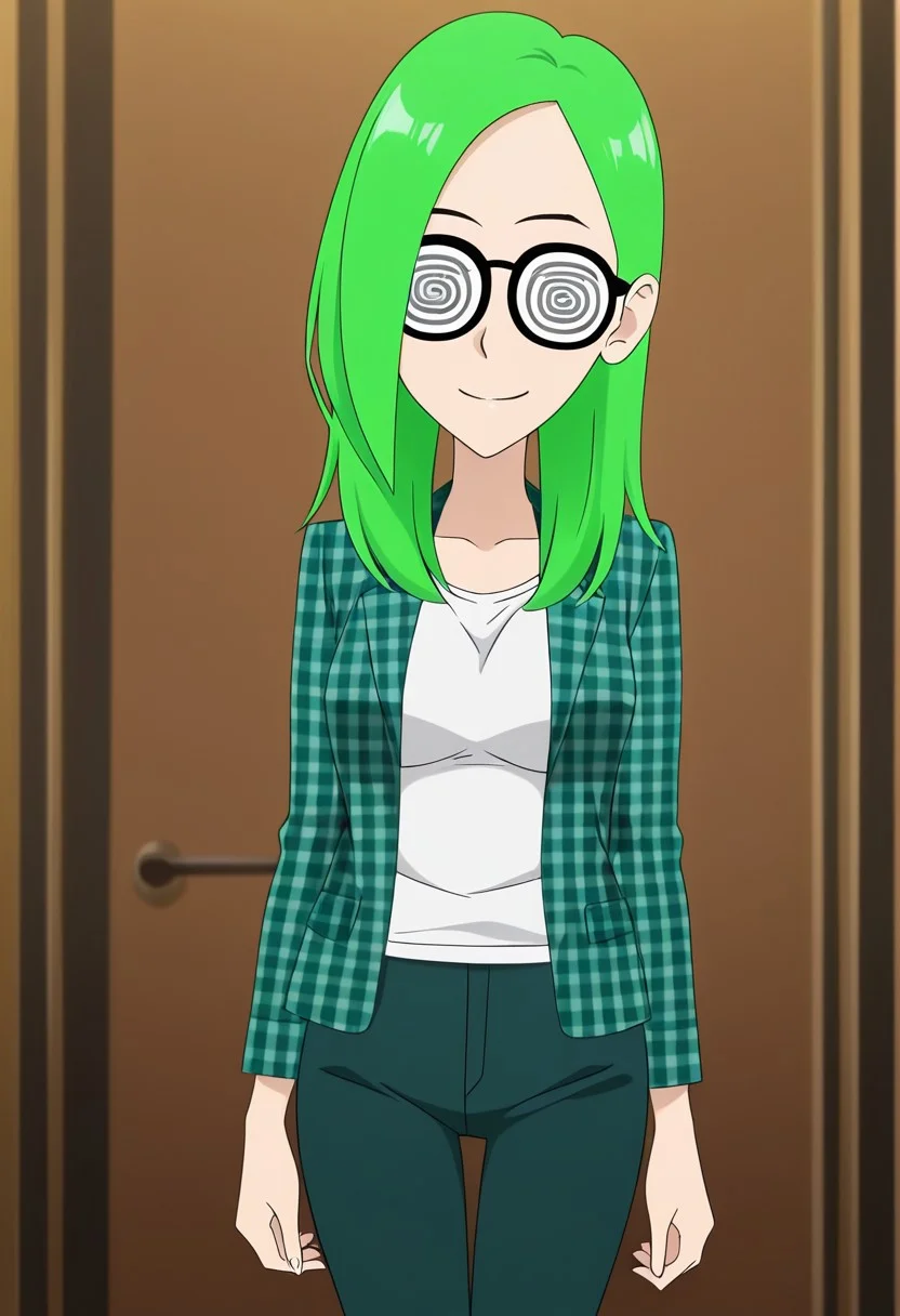 best quality, masterpiece, anime screencap, anime coloring, ultra detailed, source_anime, intricate details, perfect anatomy, looking at viewer, tbmidoriko, green hair, long hair, hair behind ear, coke-bottle glasses, breasts, smile,
shirt, plaid jacket, plaid, pants, jacket, white shirt,