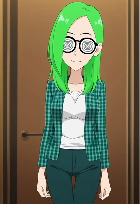 best quality, masterpiece, anime screencap, anime coloring, ultra detailed, source_anime, intricate details, perfect anatomy, looking at viewer, tbmidoriko, green hair, long hair, hair behind ear, coke-bottle glasses, breasts, smile,
shirt, plaid jacket, plaid, pants, jacket, white shirt,