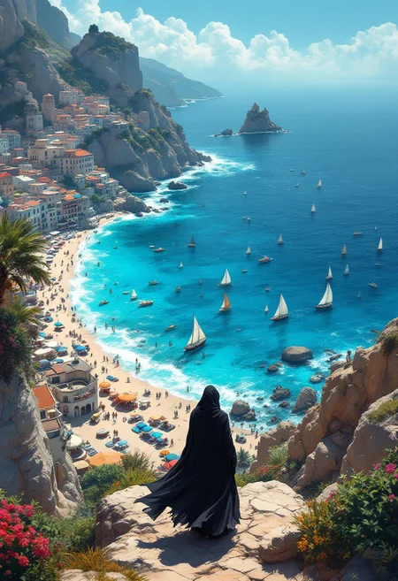 A captivating, cinematic shot of a sun-drenched coastal city, nestled between towering, dramatic cliffs. The crystal-clear ocean waters lap gently against the pristine sandy shores, where colorful sailboats dot the horizon. The bustling marketplace is filled with the sounds of spirited haggling and laughter, while the tantalizing aroma of fresh seafood permeates the air. A mysterious, dark-cloaked figure stands on a cliff overlooking the city, their gaze lost in the vast expanse of the sea, as if contemplating the mysteries of the world beyond. The painting captures the essence of an enchanting, picturesque landscape, with the dark fantasy element adding a touch of intrigue and depth.
