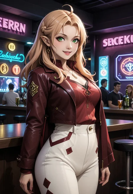 snake_hybrid, score_9, score_8_up, score_7_up , 1girl, solo, long hair, pink hair ribbon, cowboy shot, nightclub, neon lights, bokeh, depth of field, blush, happy, makeup, open leather jacket, red leather high waist pants, signora, Robina, long hair, hair between eyes, green eyes, pointy ears, elf, blonde hair, ahoge, Cyberpunk, pg rating.