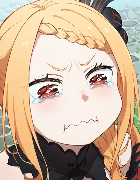score_9, score_8_up, score_7_up, source_anime, <lora:priscilla-barielle-s3-p1-ponyxl-lora-nochekaiser:1>, priscilla barielle, long hair, blonde hair, red eyes, braid, single braid, braided bangs, one side up, large breasts, bright pupils, white pupils, <lora:aqua-about-to-cry-ponyxl-lora-nochekaiser:1> crying aqua, crying aqua (meme), crying, tearing up, tears, wavy mouth,, ,