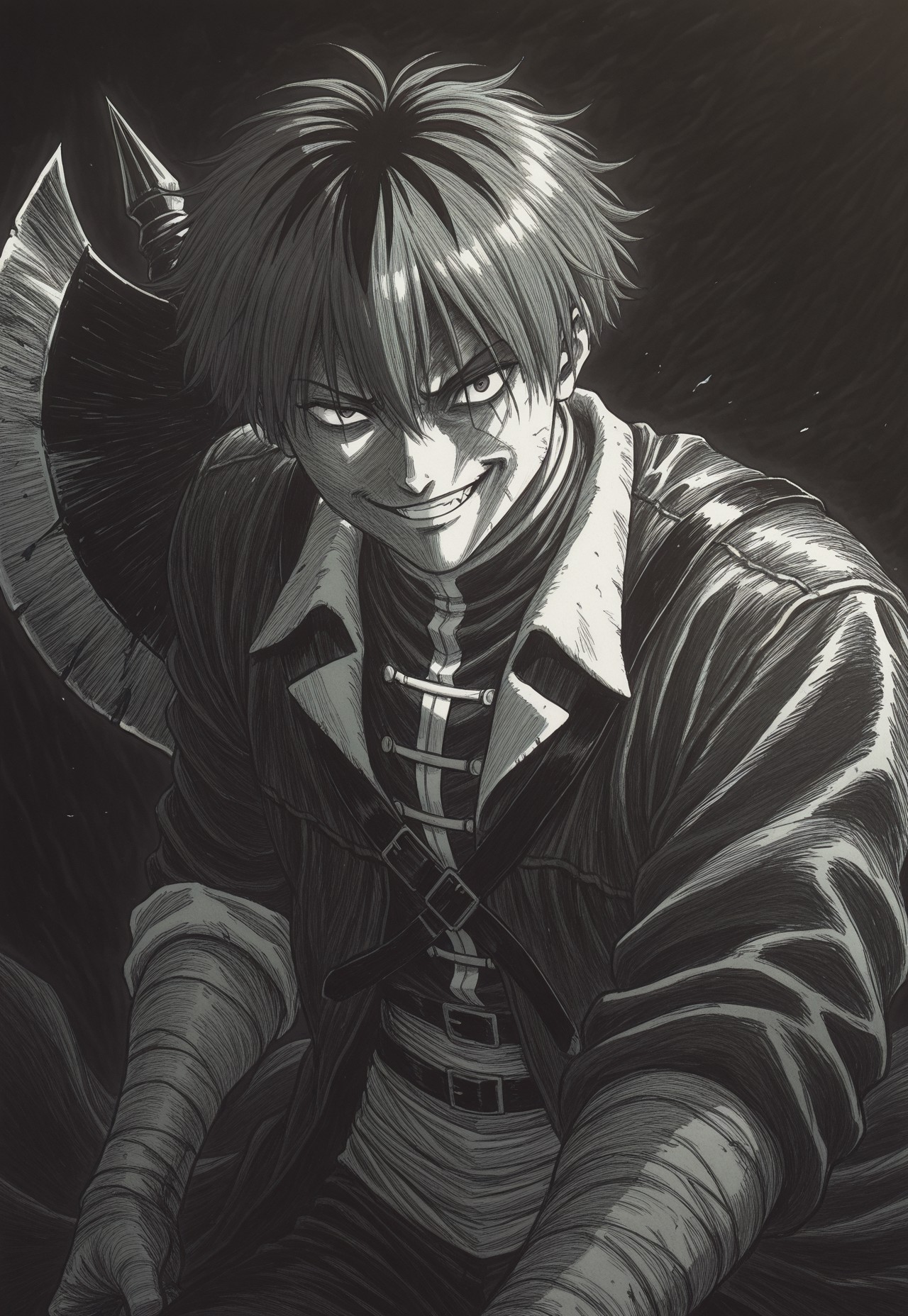 masterpiece, best quality, dark theme, 1boy,  1990s \(style\), 1994, traditional media, rough sketch, linear hatching, stark_sousou_no_frieren, villain pose, corrupted, kentaro_miura_style, smirk,  axe
