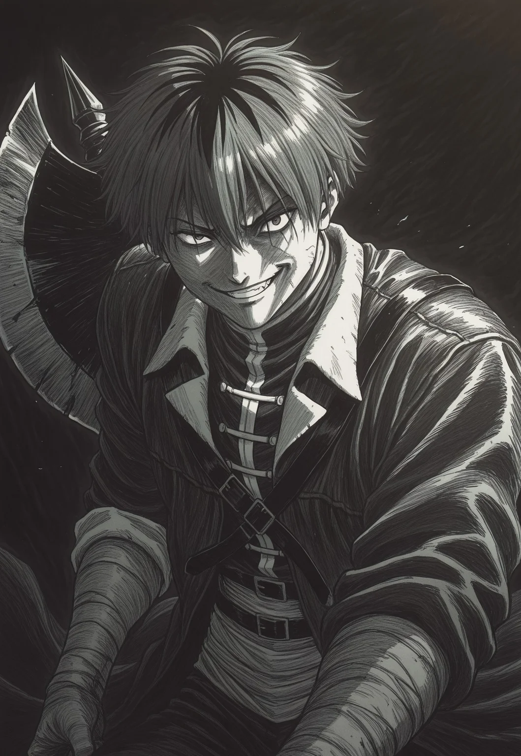 masterpiece, best quality, dark theme, 1boy, 1990s \(style\), 1994, traditional media, rough sketch, linear hatching, stark_sousou_no_frieren, villain pose, corrupted, kentaro_miura_style, smirk, axe