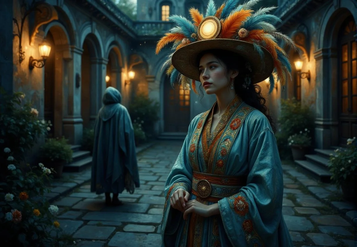 <lora:ck-swirlycircles-000015.safetensors:1> digital artwork in the style of ck-swc
In the dimly lit courtyard of an ancient estate, a woman stands alone, her figure shrouded in an ornate pastel blue robe embroidered with intricate, faded floral designs. The robe, once vibrant, now seems to have absorbed the shadows of the encroaching night. Her elaborate hat, a once-vibrant cascade of feathers in shades of orange, blue, and red, now hangs limply, dulled by an unexplained melancholy. The hat's circular emblem, once shimmering with promise, now glows with an eerie, otherworldly light, casting a pale glow around her.
The woman, a seasoned seamstress in her late 30s, with a face marked by the wisdom of countless stories, stands rigid, her eyes fixed on a distant point. The air is heavy with the scent of decaying flowers, and a sudden gust of wind sends a shiver down her spine, causing the feathers on her hat to rustle ominously. The matching vest and belt, once a charming blend of rainbow hues, now seem to shift in the flickering light, as if the colors themselves are alive and restless.
In the background, a foreboding figure emerges from the shadows, a silhouette shrouded in a tattered cloak. The figure's presence adds a layer of tension, as if it is watching, waiting, and whispering secrets from the depths of the night. The woman’s hands, trembling slightly, trace the patterns on her robe, as if seeking solace in the familiar embroidery. The scene, once a celebration of regal elegance, has transformed into a haunting tableau, where the lines between beauty and sorrow blur, and the night air is thick with unspoken secrets.