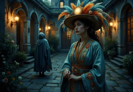 <lora:ck-swirlycircles-000015.safetensors:1> digital artwork in the style of ck-swc
In the dimly lit courtyard of an ancient estate, a woman stands alone, her figure shrouded in an ornate pastel blue robe embroidered with intricate, faded floral designs. The robe, once vibrant, now seems to have absorbed the shadows of the encroaching night. Her elaborate hat, a once-vibrant cascade of feathers in shades of orange, blue, and red, now hangs limply, dulled by an unexplained melancholy. The hat's circular emblem, once shimmering with promise, now glows with an eerie, otherworldly light, casting a pale glow around her.
The woman, a seasoned seamstress in her late 30s, with a face marked by the wisdom of countless stories, stands rigid, her eyes fixed on a distant point. The air is heavy with the scent of decaying flowers, and a sudden gust of wind sends a shiver down her spine, causing the feathers on her hat to rustle ominously. The matching vest and belt, once a charming blend of rainbow hues, now seem to shift in the flickering light, as if the colors themselves are alive and restless.
In the background, a foreboding figure emerges from the shadows, a silhouette shrouded in a tattered cloak. The figure's presence adds a layer of tension, as if it is watching, waiting, and whispering secrets from the depths of the night. The woman’s hands, trembling slightly, trace the patterns on her robe, as if seeking solace in the familiar embroidery. The scene, once a celebration of regal elegance, has transformed into a haunting tableau, where the lines between beauty and sorrow blur, and the night air is thick with unspoken secrets.