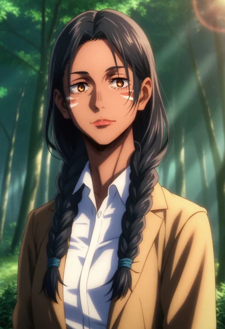 score_9, score_8_up, score_7_up, source_anime, intricate details, anime screencap, perfect balance, official art, extremely detailed CG unity 8k wallpaper, perfect lighting, Colorful, Warm_Front_face_Lighting, (masterpiece:1.0),(best_quality:1.0), ultra high res,4K,ultra-detailed, photography, 8K, HDR, highres, absurdres:1.2, Kodak portra 400, blurry background, bokeh, lens flare, (Anime) (vibrant_color:1.2), professional photograph, night, (good_face:1.2), 2d, anime, upper body, intricate iris, American, Professional character design, 1girl, female focus, (Orange amber eyes), perfect eyes, (black-hair), tanned skin, dark skin, Native American, Indigenous, American Indian, Tribal, feathers, Tribal_braids, Decorated_braids, white dress shirt, bolo tie, black_leather_jacket, Black-Western-Fringe-Jacket, youthful, solo, jujutsu_kaisen_style, character portrait, (perfect-lighting, lens flare), face, torso, (Friendly), young, (redwood forest, nature), (Dark-black-hair), Long hair, Wild hair, feathered hair, tanned skin, Native American, Indigenous, American Indian, Tribal, feathers, Tribal_braids, Decorated_braids, Feathers-in-braids, white dress shirt, (bolo-tie), Black-Leather-Fringed Jacket, (Black-Fringed-Jacket), wild, animalistic, energetic, hyper, North American, Shimmering-Eyes, Admiration, Pride, (Red, Orange, Yellow, Black) almond-shaped eyes, high cheekbones, strong jawline, (Black Hair)