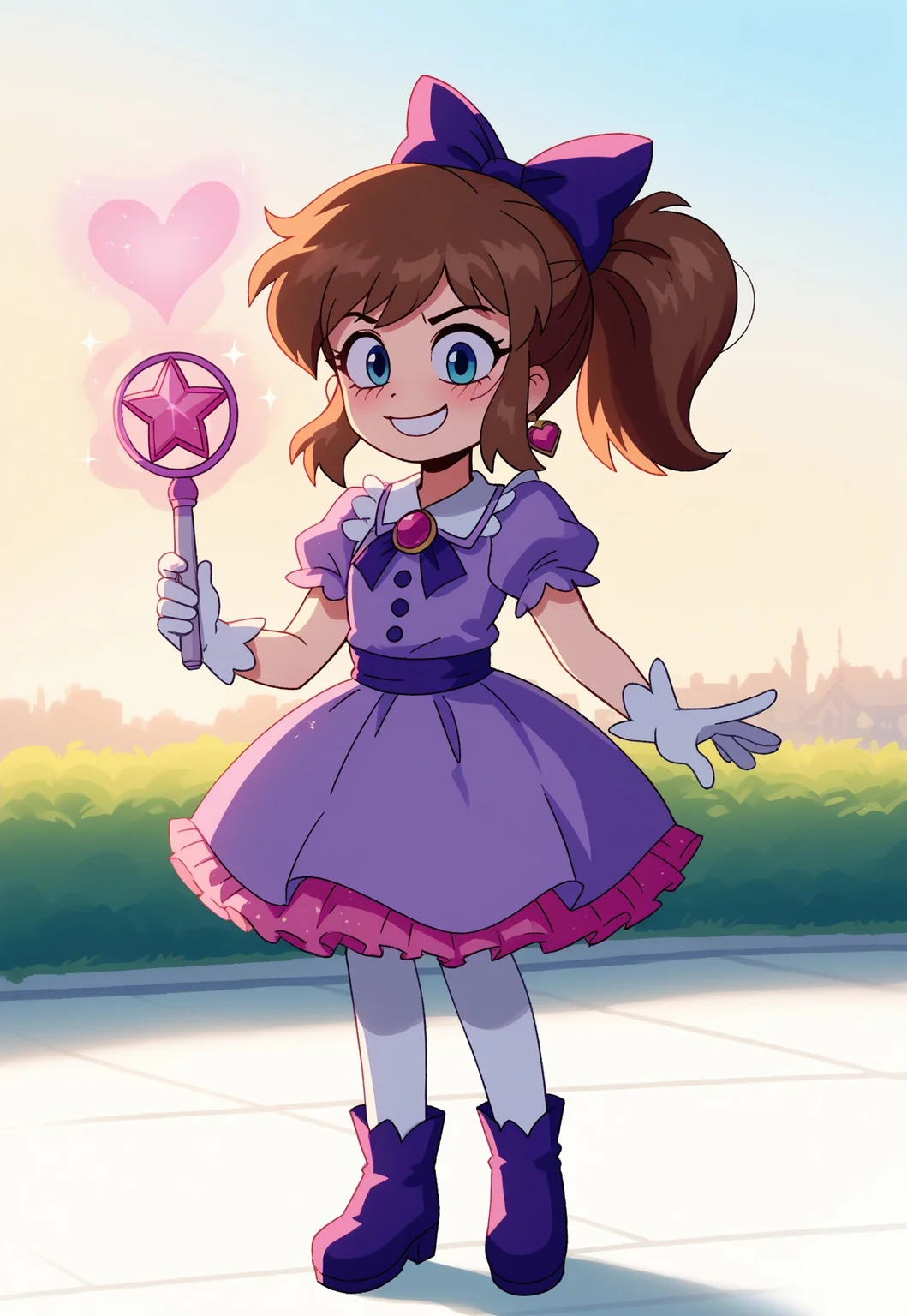 score_9, score_8_up, score_7_up, score_6_up, score_5_up, score_4_up , flat colors, 1girl, hat-kid, brown hair, sidelocks, ponytail, blue eyes, masterpiece, best quality, absurdres, cute, kawaii, big head,
(pastel theme) magical girl, puffy magical girl dress, pastel purple colors, kawaii, frilled skirt, thighhighs, puffy pastel purple dress, puffy dress, puffy short sleeves, gloves, tiara, gem brooch, bow, ribbons, lace trim, frills, satin fabric, sparkles, glitter, heart earrings, heart accessories, jewelry, frilled boots,
long eyelashes, blush, light makeup,
outdoors, nature, clouds, sunset,
solo, full body, standing, legs apart, facing viewer, looking at viewer, backlighting, smug grin, smug, holding magic wand, arms at sides,
intricate, highly detailed