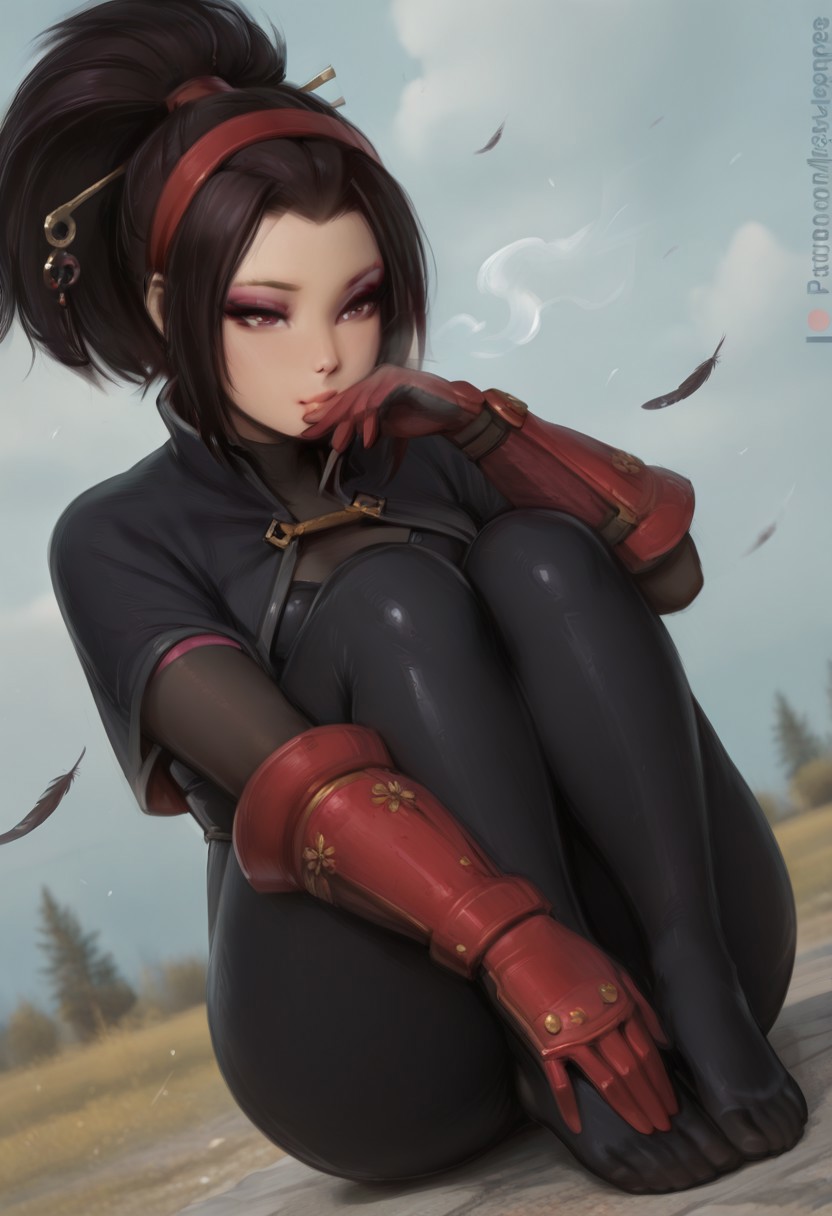 meeko,  outdoors, undershirt, falling feathers, black bodysuit, hair stick, hugging knees , gauntlets,   eyeshadow,   red gloves,  high ponytail,  , black capelet, red hairband, pink eyes, 1girl, solo, feet, visible breath,   dynamic angle, foreshortening, smell, steam,
