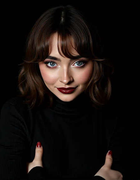 A photorealistic close-up of sabcarp, woman’s face, partially illuminated by a single, soft light source. Her pale skin contrasts sharply with the deep shadows surrounding her. Her hair is wavy brown, with bangs, revealing perfectly arched eyebrows. Her eyes, wide and strikingly blue, are framed by long, dark lashes. Her lips are painted a bold red, adding a touch of glamour to the otherwise stark image. The background is a deep black, making her face the sole focal point. She is wearing an outfit with turtleneck
Aesthetics include Micro-Detail Skin Texturing, Reflective Eye Highlights,Smooth Transition of Light and Shadow, Refined Eye Makeup with Gradient Shadows.
subtle backlighting to highlight the edges of the hair and shoulders, giving the subject a glowing outline against the darker background. glimmering specular highlights on the lips and eyes, catching the light in precise spots to enhance their wet, glossy appearance. a few soft hair strands gently framing the face, with natural movement and flow, adding depth and dimension to the hairstyle.
Arms crossed over her chest, head tilted forward slightly,