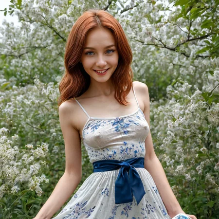 1girl, a small, petite, slender, skinny, cute and beautiful, dressed in a vapurous summer short dress with thin straps low cleavage and bare back, intricate detailed white dress with small red and blue flower pattern,, strap slip, cleavage, nipslip,swooping breasts, reddish long hair wild and wavy under an oversized straw hat with a blue ribbon, blue eyes with long eyelashes, big smile, freckles, perfect hand and fingers, hard nipples, erect nipples, large areoalas bulging through cloth, cherry orchard background