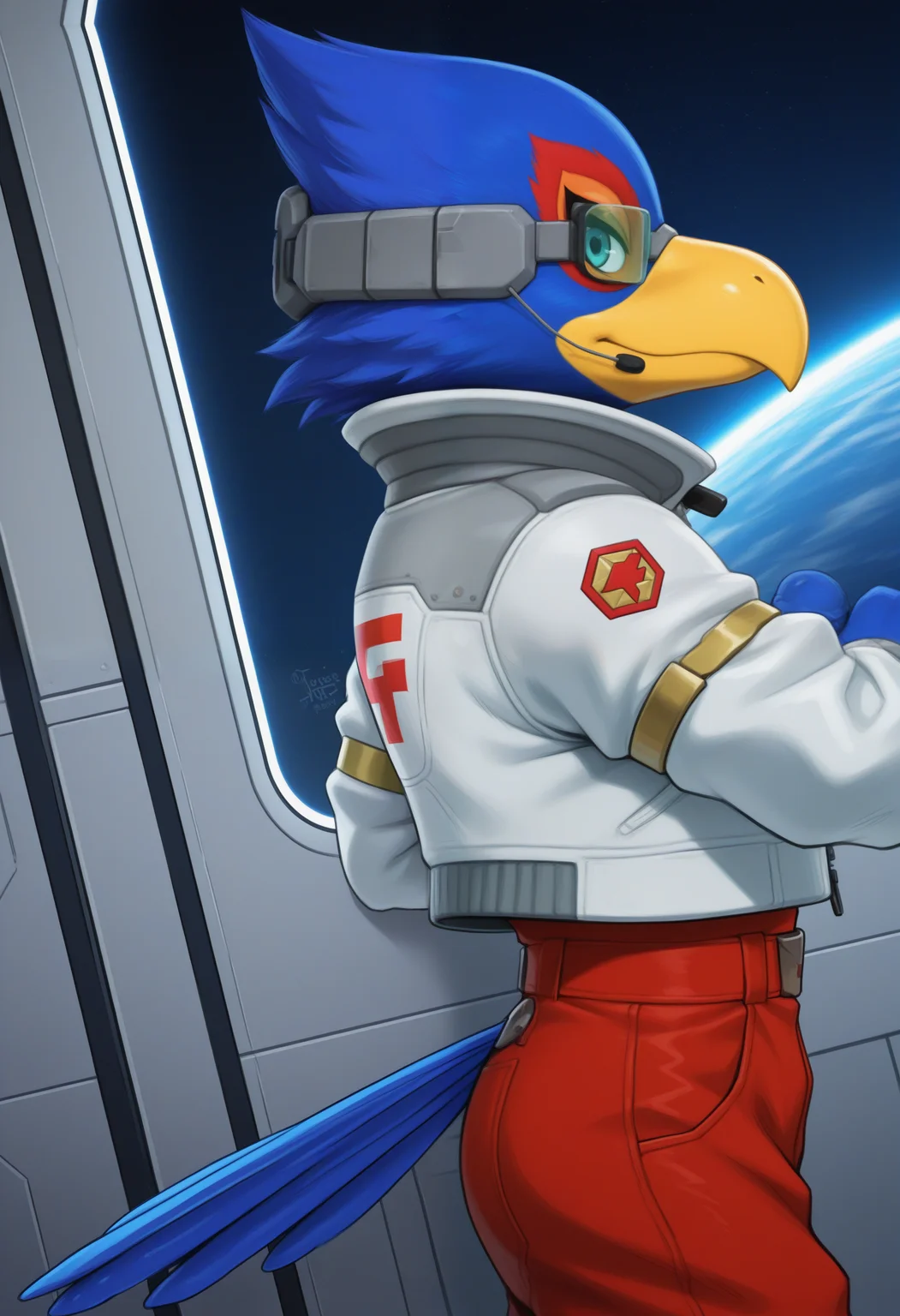 masterpiece,best quality, amazing quality, 1boy, solo, ,f4lc0, bird boy, green scouter, grey headset, red jumpsuit, white jacket, close up, side angle,
space, space ship, bedroom,